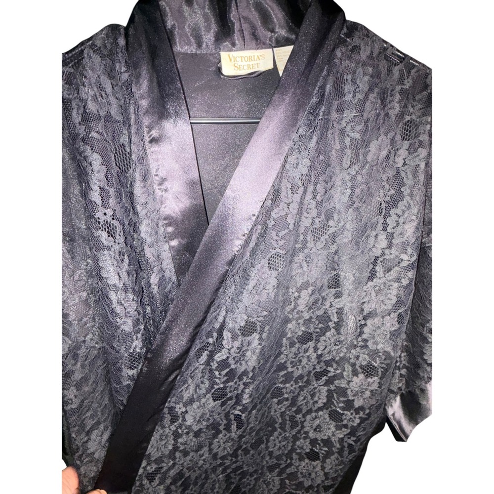 Vintage Victorias Secret Gold Label Black Lace Robe Kimono Satin Trim One Size - Picture 5 of 6